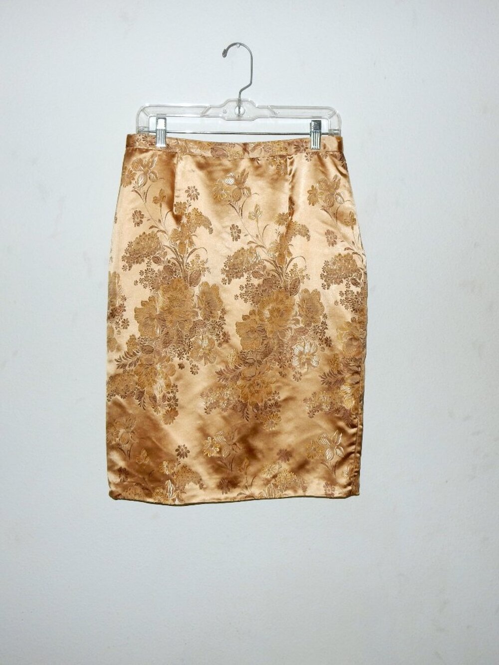Vintage Newport News women's gold chinese floral brocade satin skirt READ 12 M/L